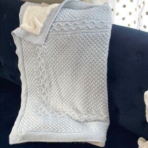 Blue White Cable Knit Wool Baby Blanket